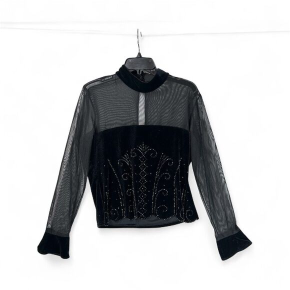 JR Nites Tops - JR Nites Velvet Mesh Rhinestone Goth Glam Sheer Sleeve Top Sz14 Evening Blouse
